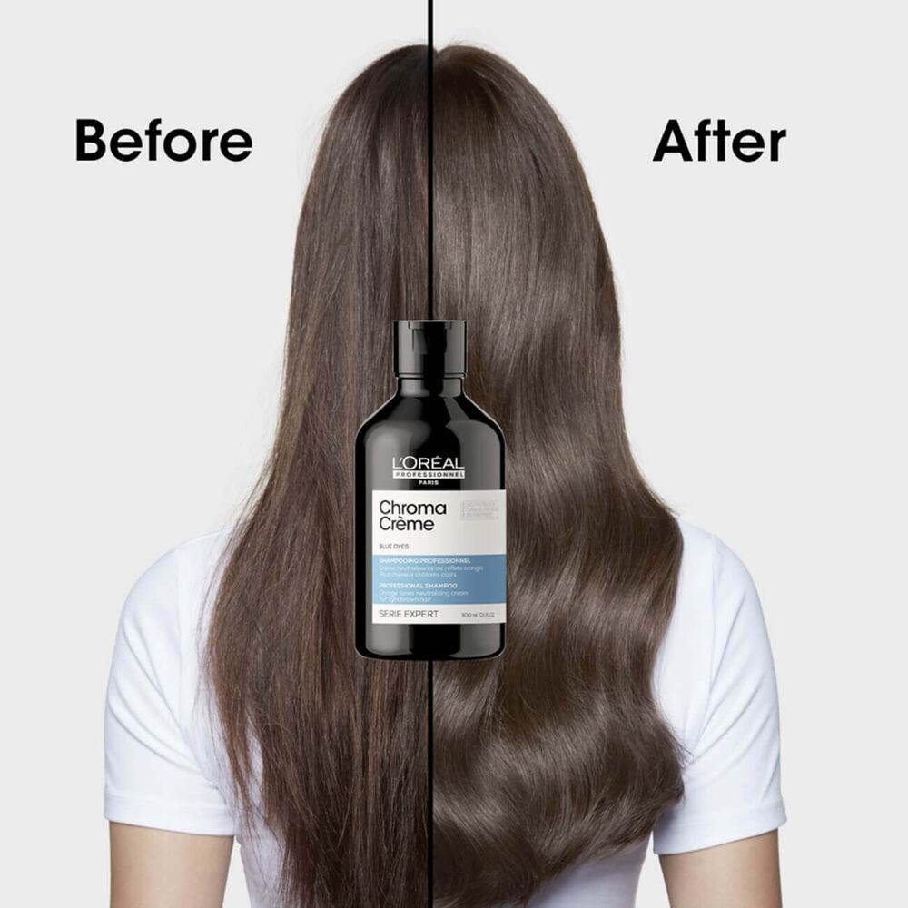 Patine Shampoing Bleu Avant Apres L'Oréal Professionnel Série Expert Chroma Crème Shampooing Bleu 300ml |  Produits professionnels Pro-Duo
